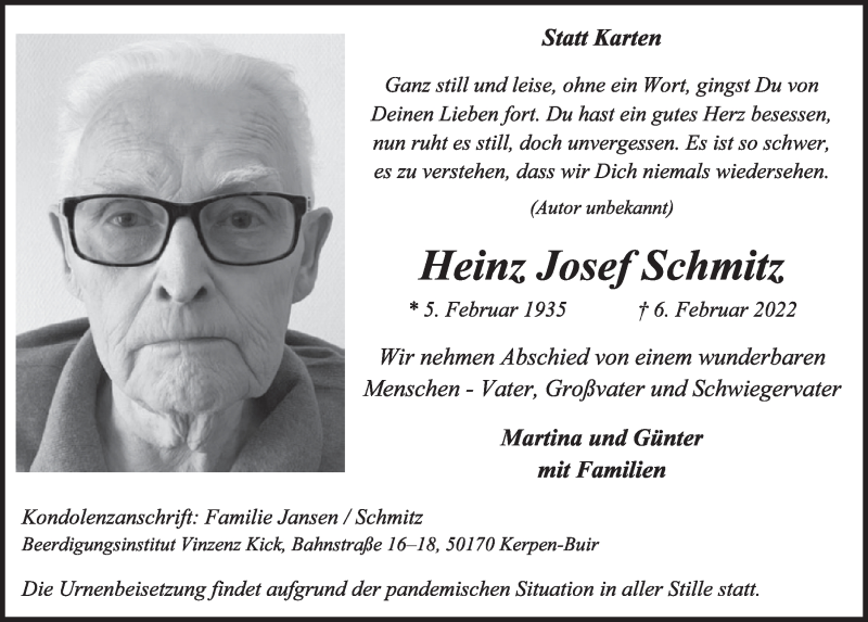  Traueranzeige für Heinz Josef Schmitz vom 18.02.2022 aus  Werbepost 