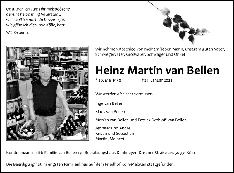  Traueranzeige für Heinz Martin van Bellen vom 12.02.2022 aus Kölner Stadt-Anzeiger / Kölnische Rundschau / Express