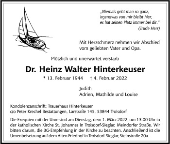 Anzeige von Heinz Walter Hinterkeuser von Kölner Stadt-Anzeiger / Kölnische Rundschau / Express
