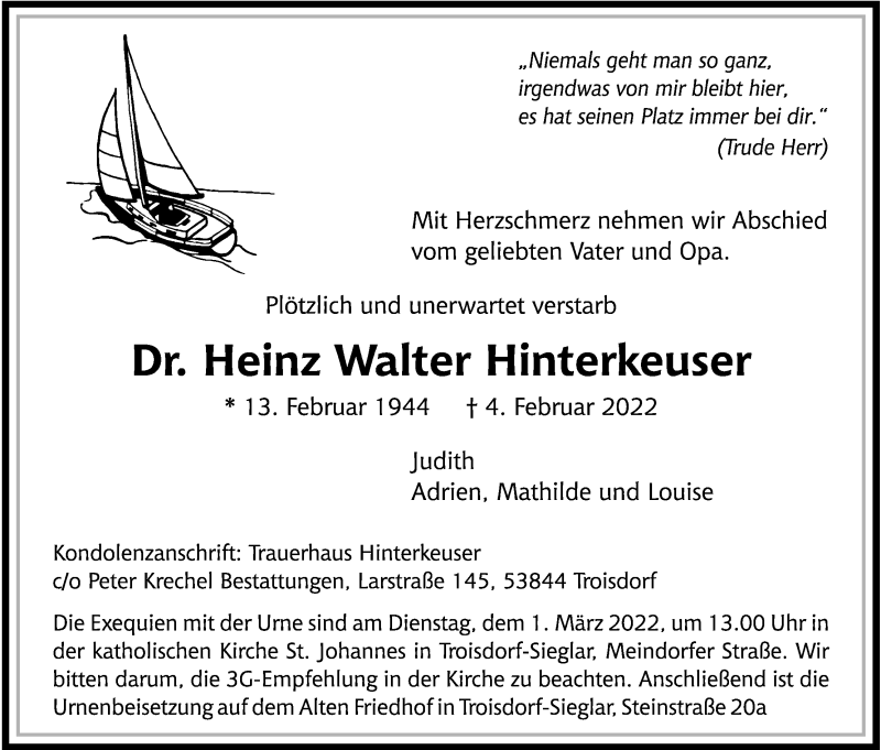  Traueranzeige für Heinz Walter Hinterkeuser vom 12.02.2022 aus Kölner Stadt-Anzeiger / Kölnische Rundschau / Express
