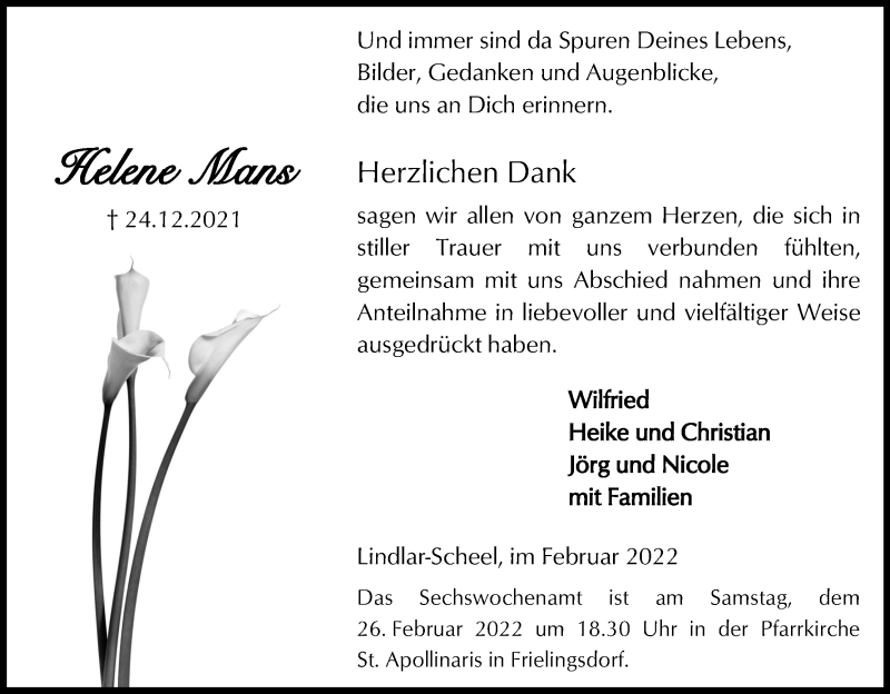  Traueranzeige für Helene Mans vom 19.02.2022 aus Kölner Stadt-Anzeiger / Kölnische Rundschau / Express