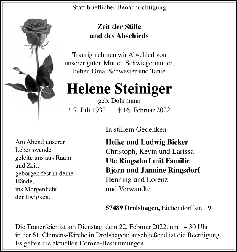  Traueranzeige für Helene Steiniger vom 19.02.2022 aus Kölner Stadt-Anzeiger / Kölnische Rundschau / Express