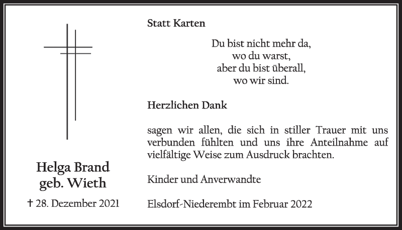  Traueranzeige für Helga Brand vom 25.02.2022 aus  Werbepost 