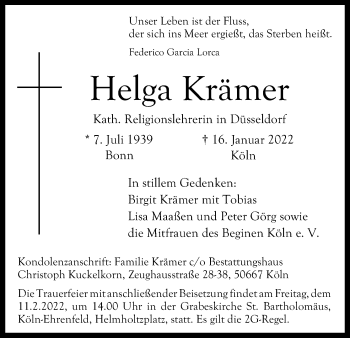 Anzeige von Helga Krämer von Kölner Stadt-Anzeiger / Kölnische Rundschau / Express