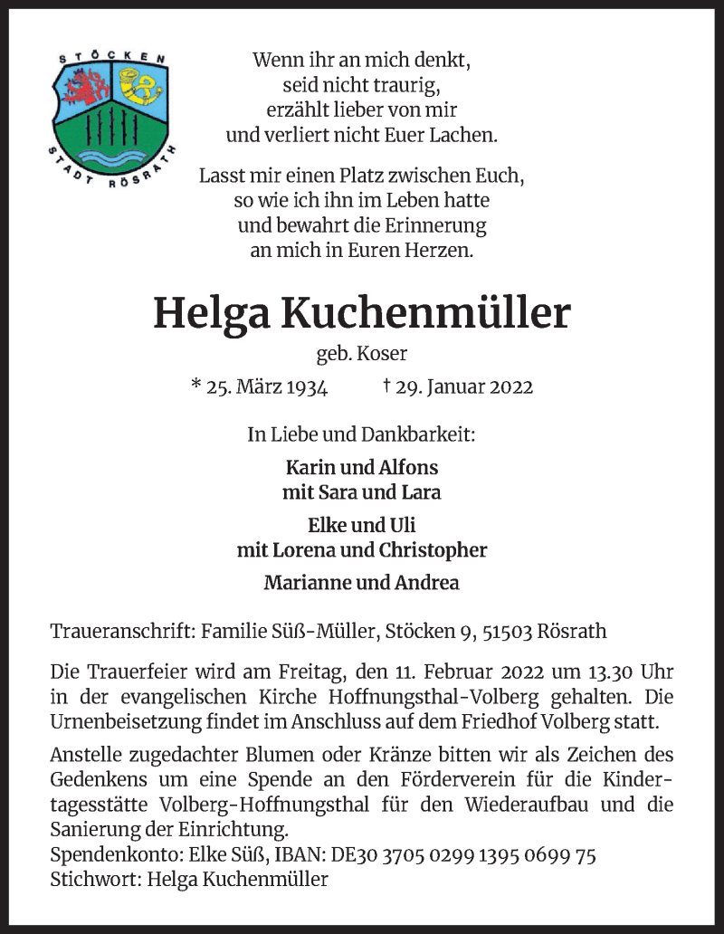  Traueranzeige für Helga Kuchenmüller vom 05.02.2022 aus Kölner Stadt-Anzeiger / Kölnische Rundschau / Express