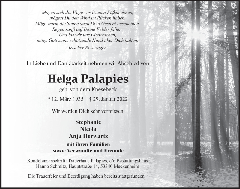  Traueranzeige für Helga Palapies vom 11.02.2022 aus  Schaufenster/Blickpunkt 