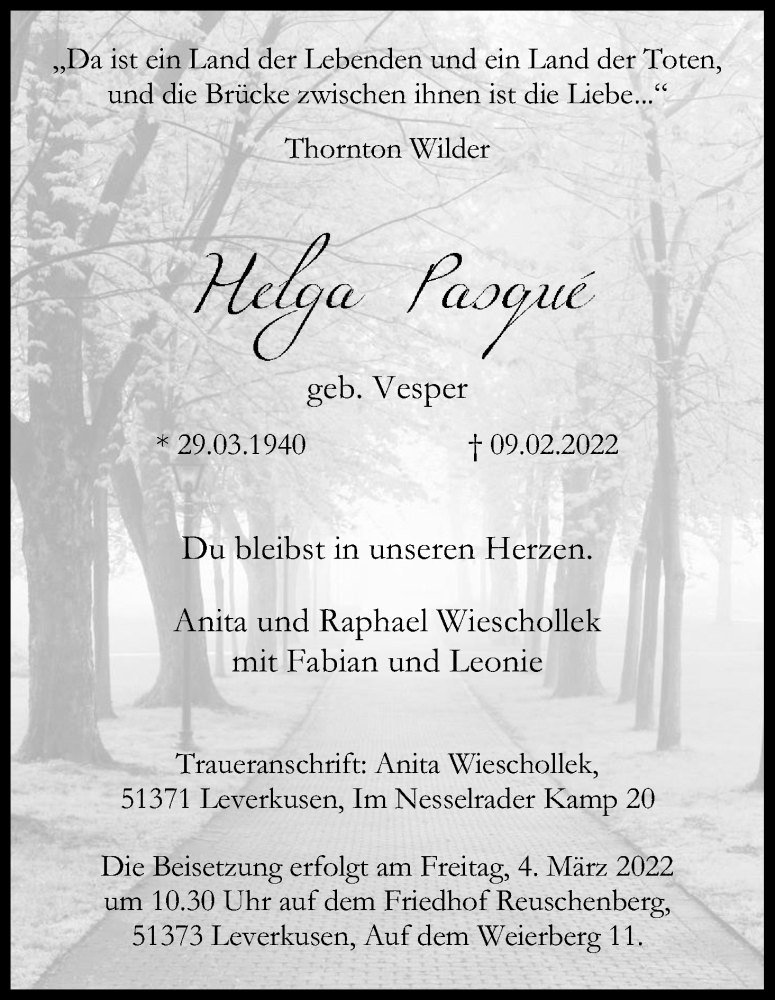  Traueranzeige für Helga Pasque vom 19.02.2022 aus Kölner Stadt-Anzeiger / Kölnische Rundschau / Express