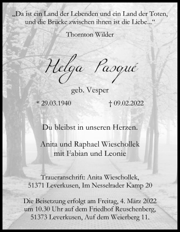 Anzeige von Helga Pasque von Kölner Stadt-Anzeiger / Kölnische Rundschau / Express