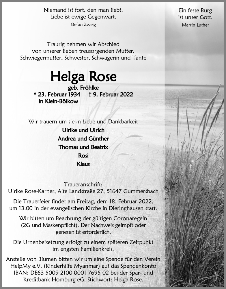  Traueranzeige für Helga Rose vom 12.02.2022 aus Kölner Stadt-Anzeiger / Kölnische Rundschau / Express