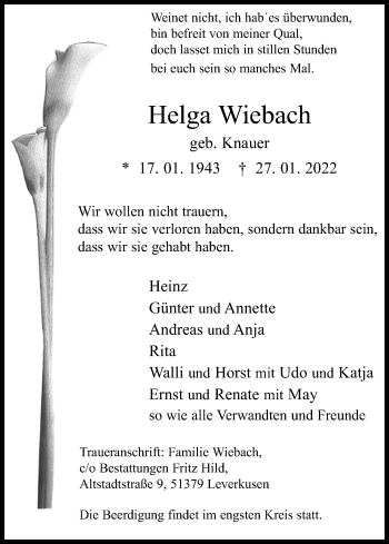 Anzeige von Helga Wiebach von Kölner Stadt-Anzeiger / Kölnische Rundschau / Express