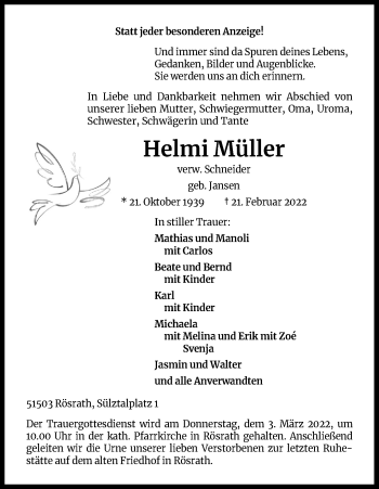 Anzeige von Helmi Müller von Kölner Stadt-Anzeiger / Kölnische Rundschau / Express