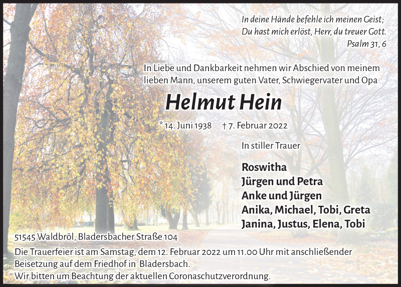  Traueranzeige für Helmut Hein vom 11.02.2022 aus  Lokalanzeiger 