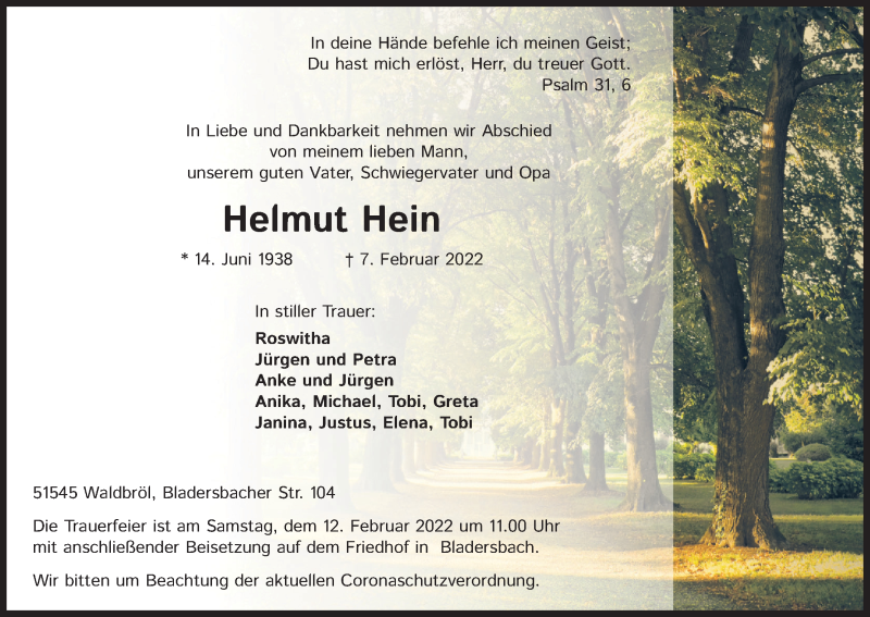  Traueranzeige für Helmut Hein vom 10.02.2022 aus Kölner Stadt-Anzeiger / Kölnische Rundschau / Express