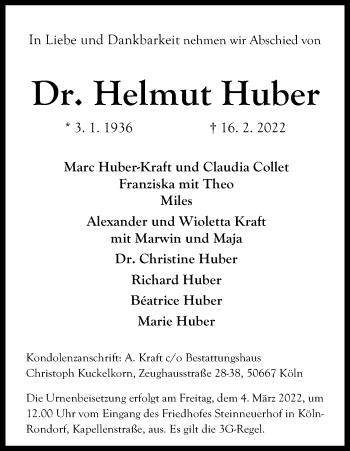 Anzeige von Helmut Huber von Kölner Stadt-Anzeiger / Kölnische Rundschau / Express