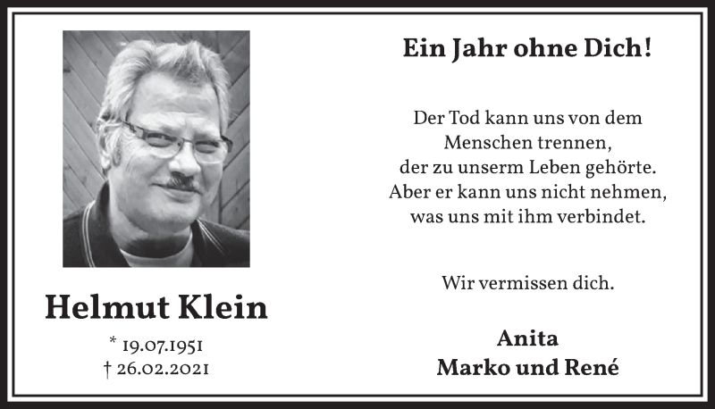  Traueranzeige für Helmut Klein vom 18.02.2022 aus  Werbepost 