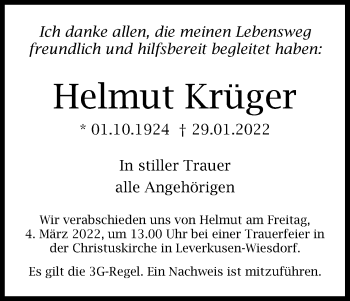 Anzeige von Helmut Krüger von Kölner Stadt-Anzeiger / Kölnische Rundschau / Express