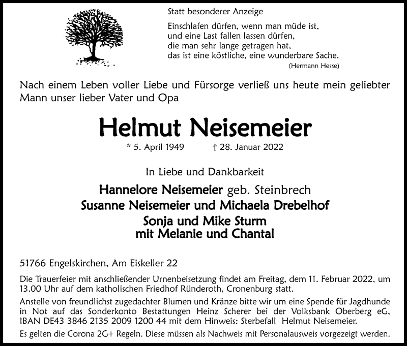  Traueranzeige für Helmut Neisemeier vom 05.02.2022 aus Kölner Stadt-Anzeiger / Kölnische Rundschau / Express