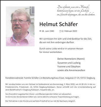 Anzeige von Helmut Schäfer von Kölner Stadt-Anzeiger / Kölnische Rundschau / Express