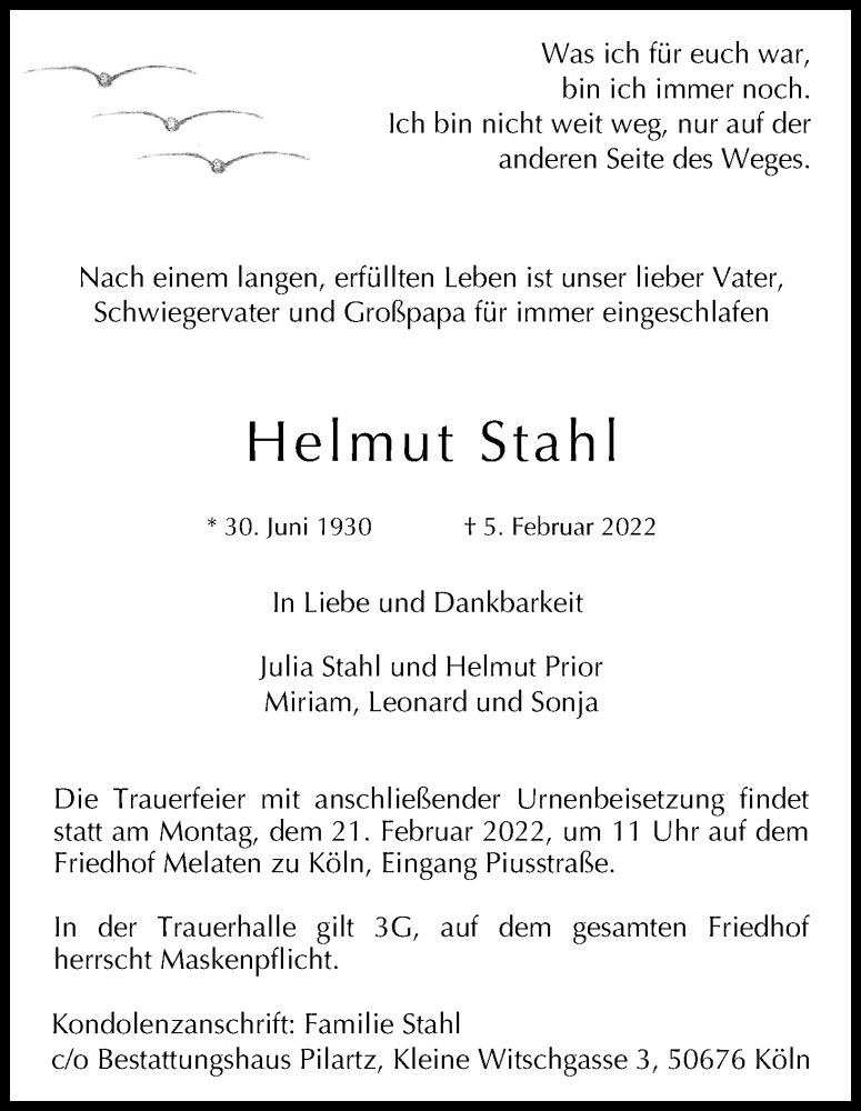  Traueranzeige für Helmut Stahl vom 16.02.2022 aus Kölner Stadt-Anzeiger / Kölnische Rundschau / Express