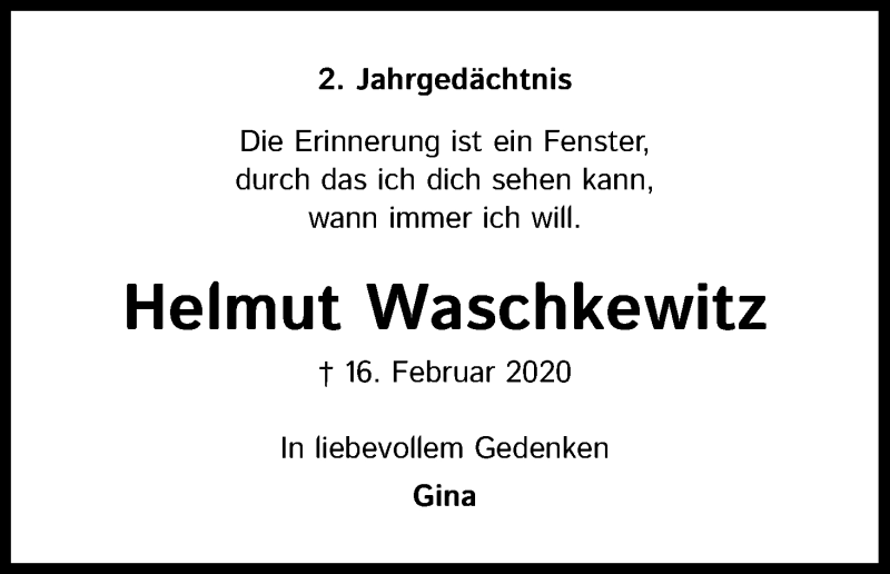  Traueranzeige für Helmut Waschkewitz vom 16.02.2022 aus Kölner Stadt-Anzeiger / Kölnische Rundschau / Express