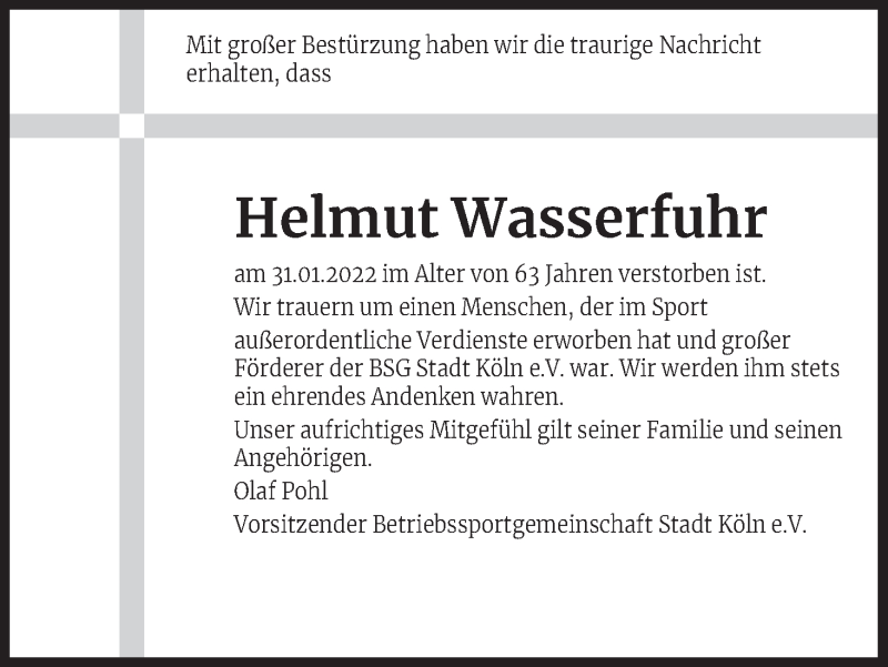  Traueranzeige für Helmut Wasserfuhr vom 19.02.2022 aus Kölner Stadt-Anzeiger / Kölnische Rundschau / Express