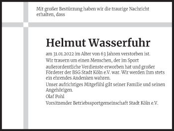 Anzeige von Helmut Wasserfuhr von Kölner Stadt-Anzeiger / Kölnische Rundschau / Express
