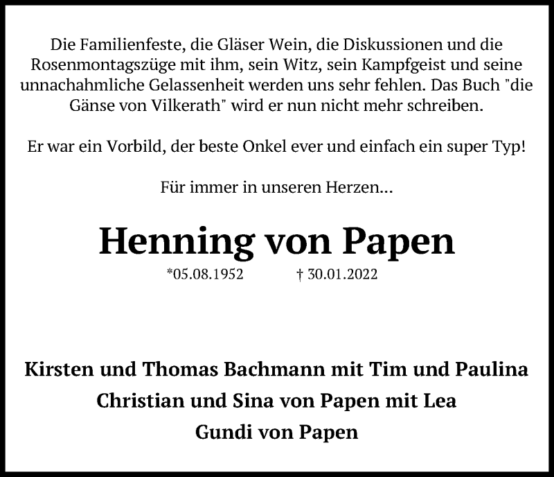  Traueranzeige für Henning von Papen vom 12.02.2022 aus Kölner Stadt-Anzeiger / Kölnische Rundschau / Express
