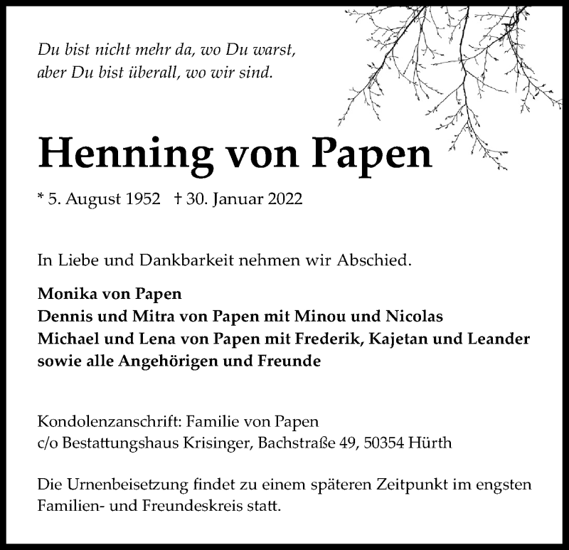  Traueranzeige für Henning von Papen vom 05.02.2022 aus Kölner Stadt-Anzeiger / Kölnische Rundschau / Express