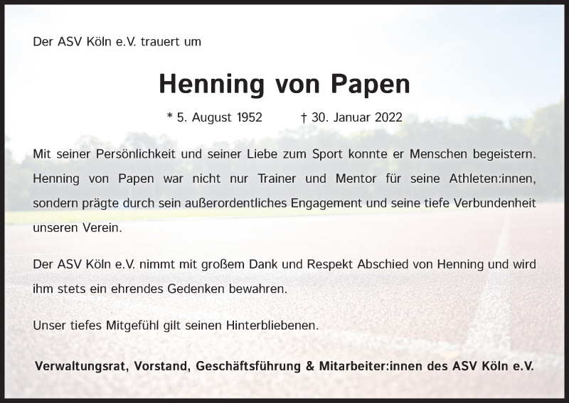  Traueranzeige für Henning von Papen vom 05.02.2022 aus Kölner Stadt-Anzeiger / Kölnische Rundschau / Express
