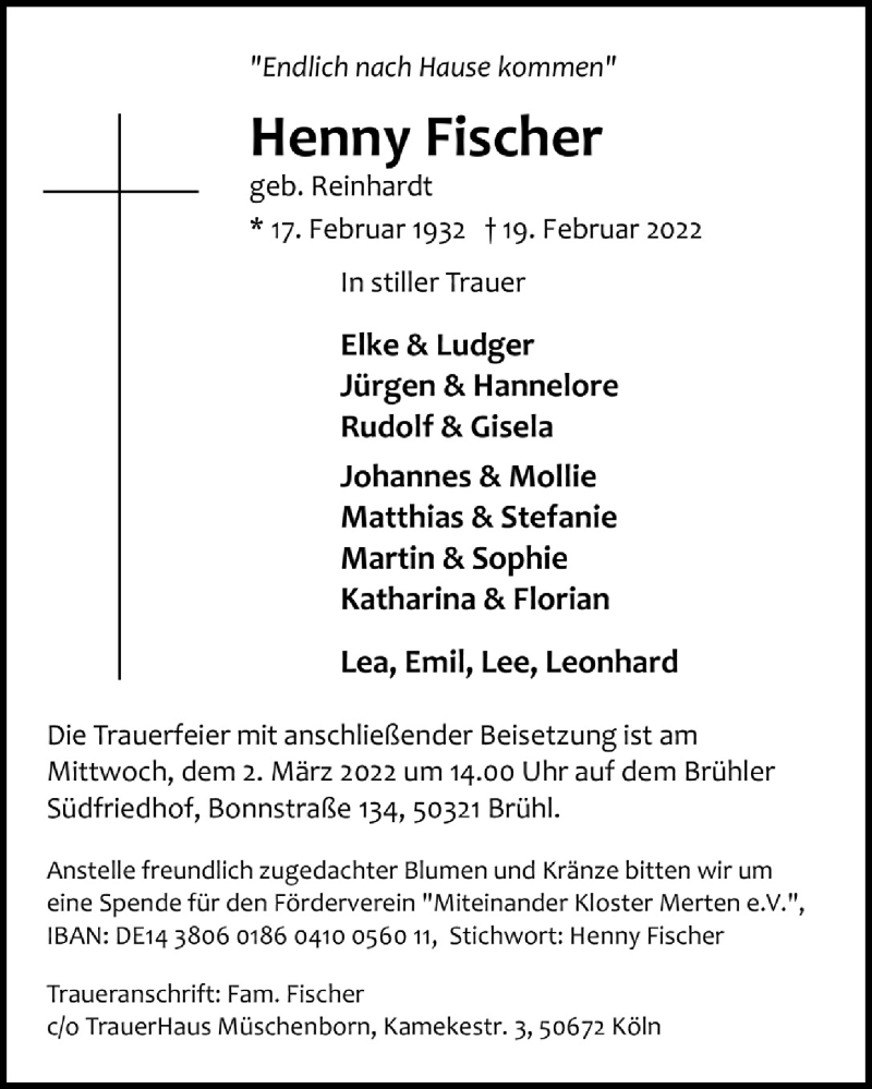  Traueranzeige für Henny Fischer vom 25.02.2022 aus  Schlossbote/Werbekurier 