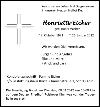 Anzeige von Henriette Eicker von Kölner Stadt-Anzeiger / Kölnische Rundschau / Express