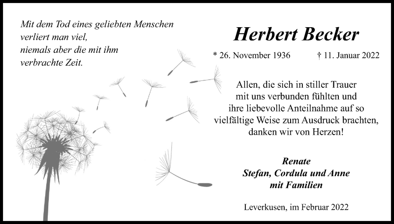  Traueranzeige für Herbert Becker vom 05.02.2022 aus Kölner Stadt-Anzeiger / Kölnische Rundschau / Express