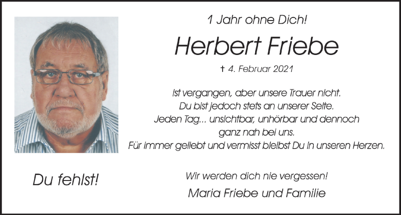  Traueranzeige für Herbert Friebe vom 04.02.2022 aus  Schaufenster/Blickpunkt 