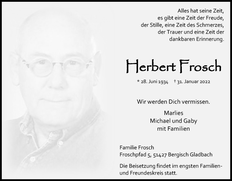  Traueranzeige für Herbert Frosch vom 12.02.2022 aus Kölner Stadt-Anzeiger / Kölnische Rundschau / Express