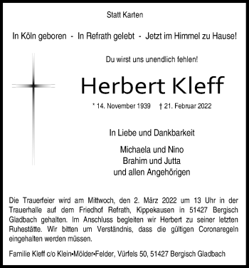 Anzeige von Herbert Kleff von Kölner Stadt-Anzeiger / Kölnische Rundschau / Express