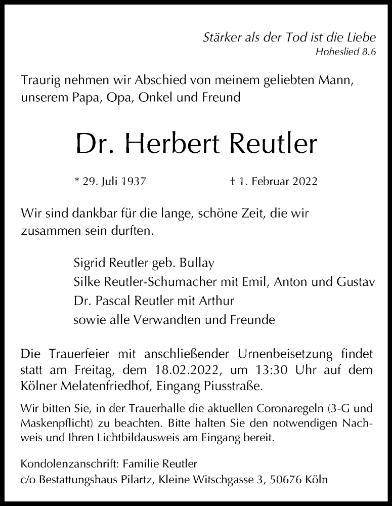 Traueranzeige für Herbert Reutler vom 12.02.2022 aus Kölner Stadt-Anzeiger / Kölnische Rundschau / Express