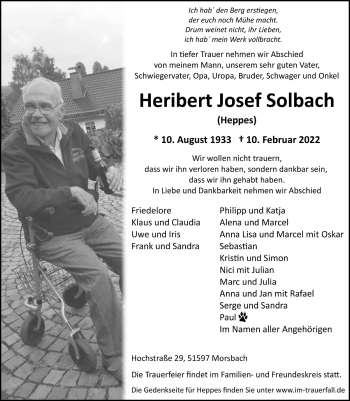 Anzeige von Heribert Solbach von  Lokalanzeiger 