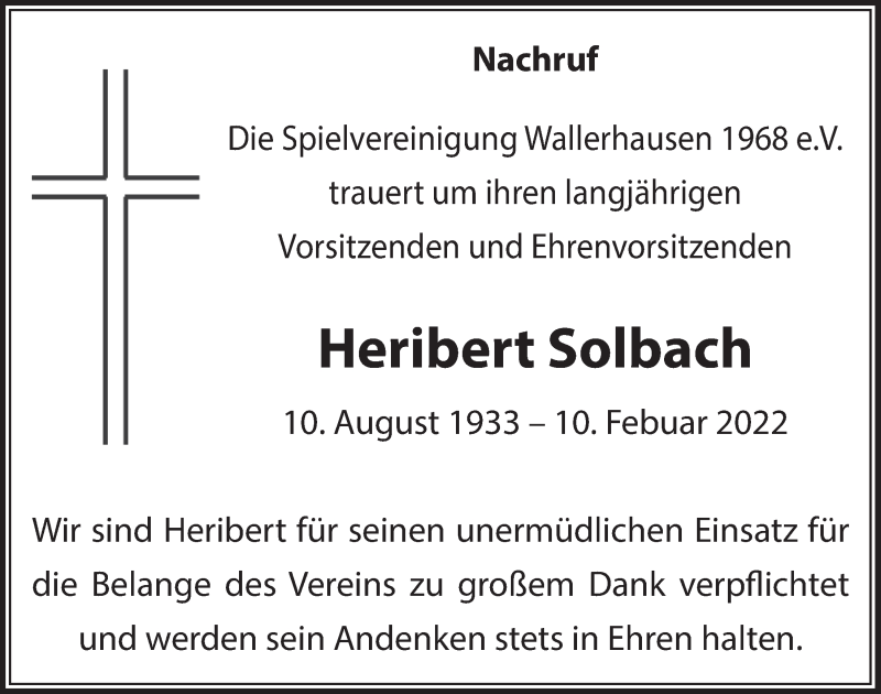  Traueranzeige für Heribert Solbach vom 18.02.2022 aus  Lokalanzeiger 