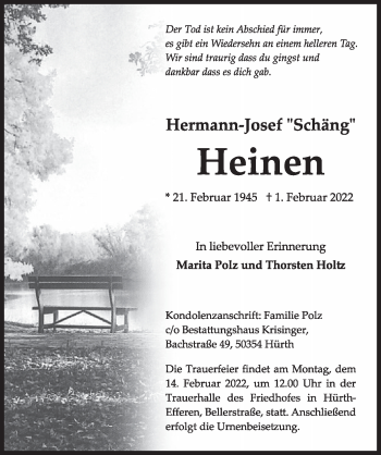 Anzeige von Hermann-Josef Heinen von  Wochenende 