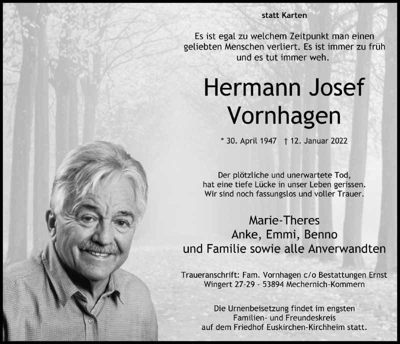  Traueranzeige für Hermann Vornhagen vom 18.02.2022 aus  Schaufenster/Blickpunkt 