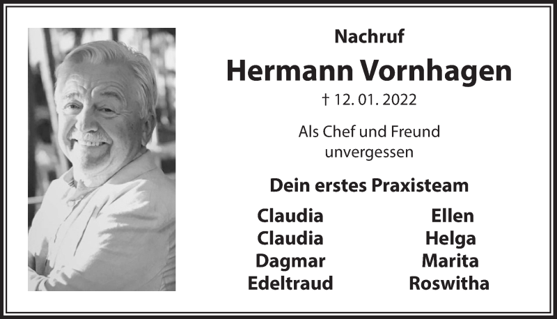  Traueranzeige für Hermann Vornhagen vom 11.02.2022 aus  Schaufenster/Blickpunkt 