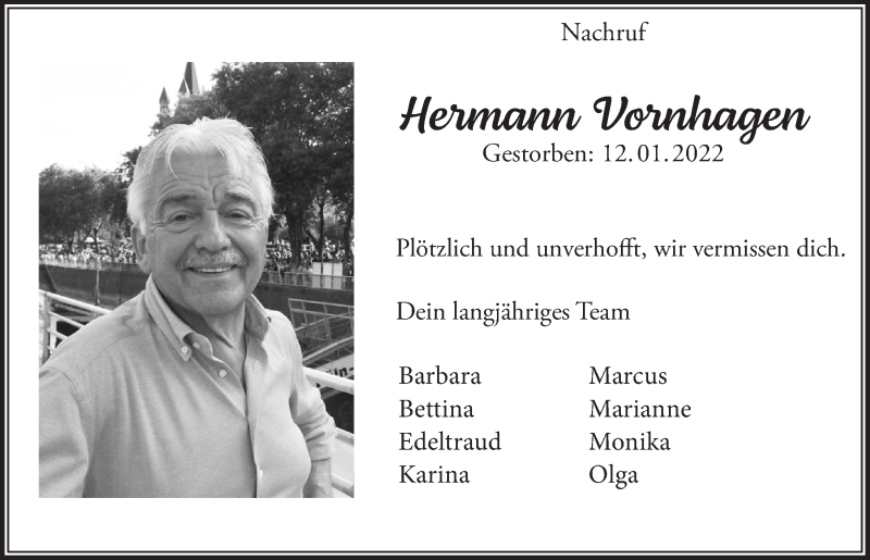  Traueranzeige für Hermann Vornhagen vom 25.02.2022 aus  Schaufenster/Blickpunkt 