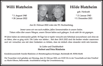 Anzeige von Hilde Blatzheim von  Wochenende 