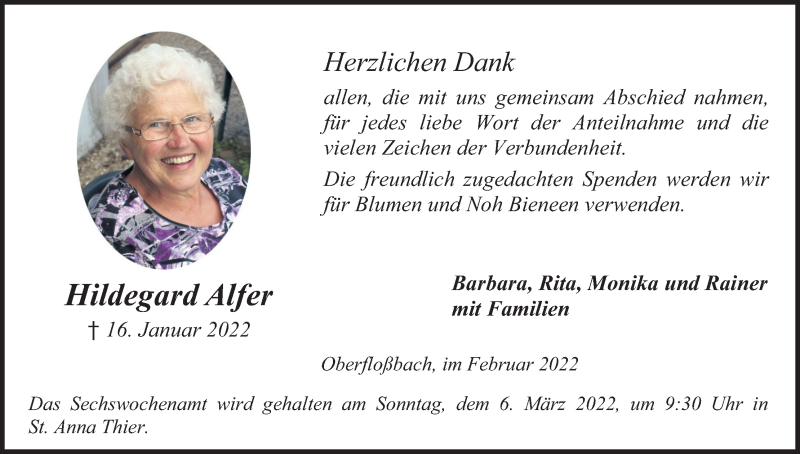  Traueranzeige für Hildegard Alfer vom 26.02.2022 aus Kölner Stadt-Anzeiger / Kölnische Rundschau / Express