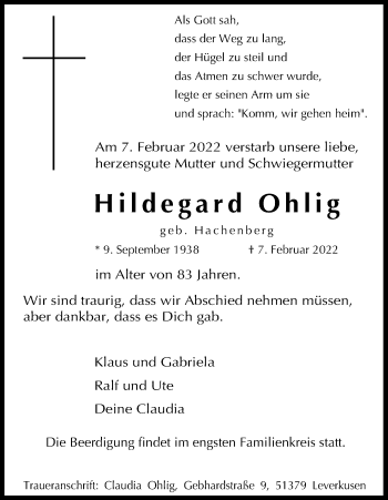 Anzeige von Hildegard Ohlig von Kölner Stadt-Anzeiger / Kölnische Rundschau / Express