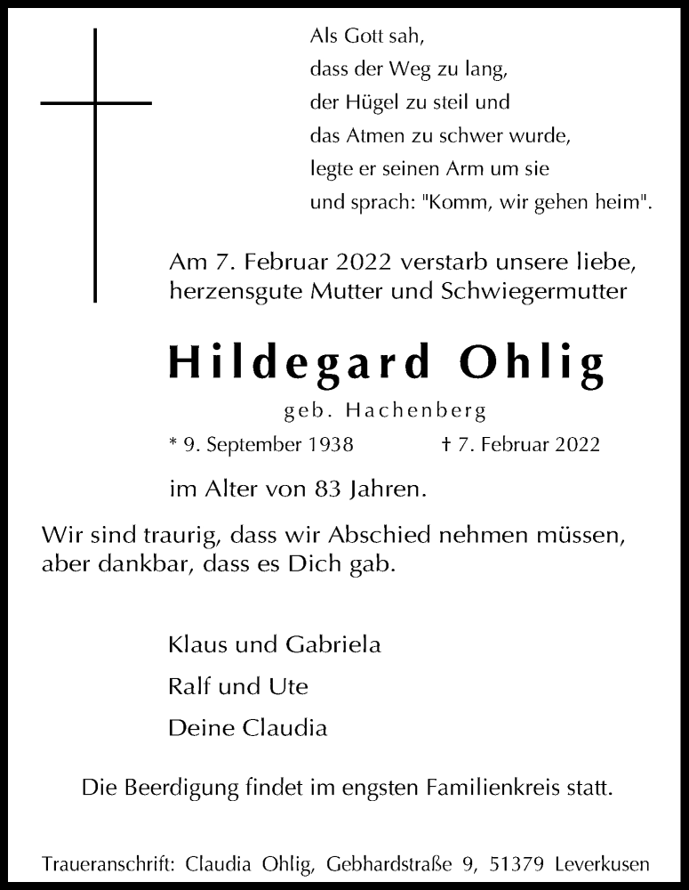  Traueranzeige für Hildegard Ohlig vom 12.02.2022 aus Kölner Stadt-Anzeiger / Kölnische Rundschau / Express