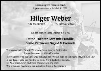 Anzeige von Hilger Weber von Kölner Stadt-Anzeiger / Kölnische Rundschau / Express