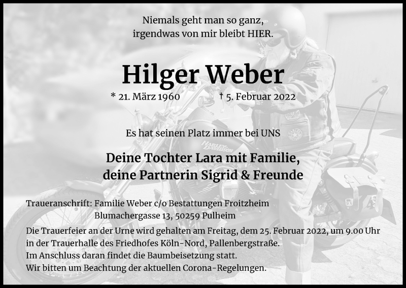  Traueranzeige für Hilger Weber vom 19.02.2022 aus Kölner Stadt-Anzeiger / Kölnische Rundschau / Express