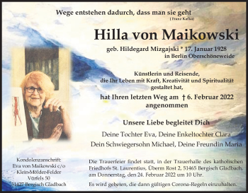 Anzeige von Hilla von Maikowski von Kölner Stadt-Anzeiger / Kölnische Rundschau / Express