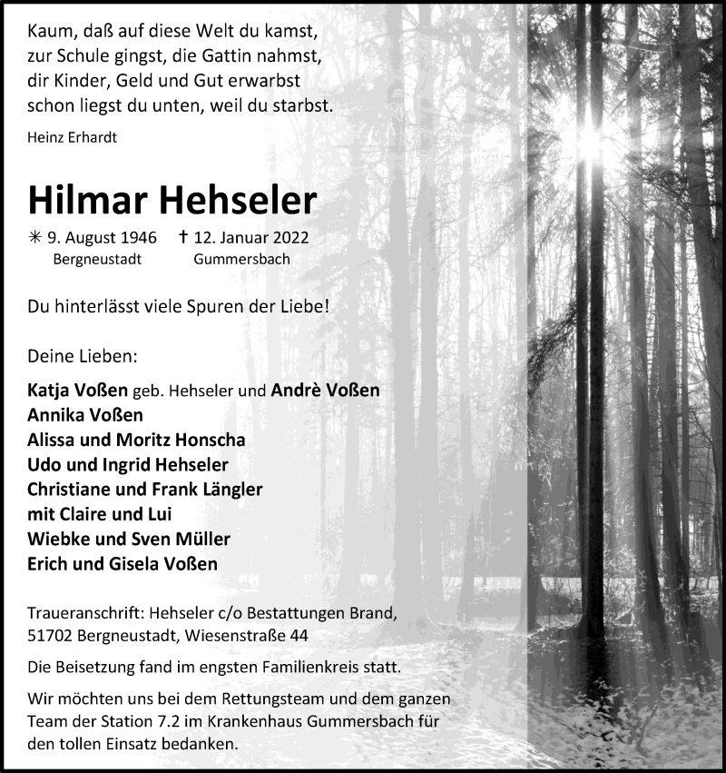  Traueranzeige für Hilmar Hehseler vom 12.02.2022 aus Kölner Stadt-Anzeiger / Kölnische Rundschau / Express